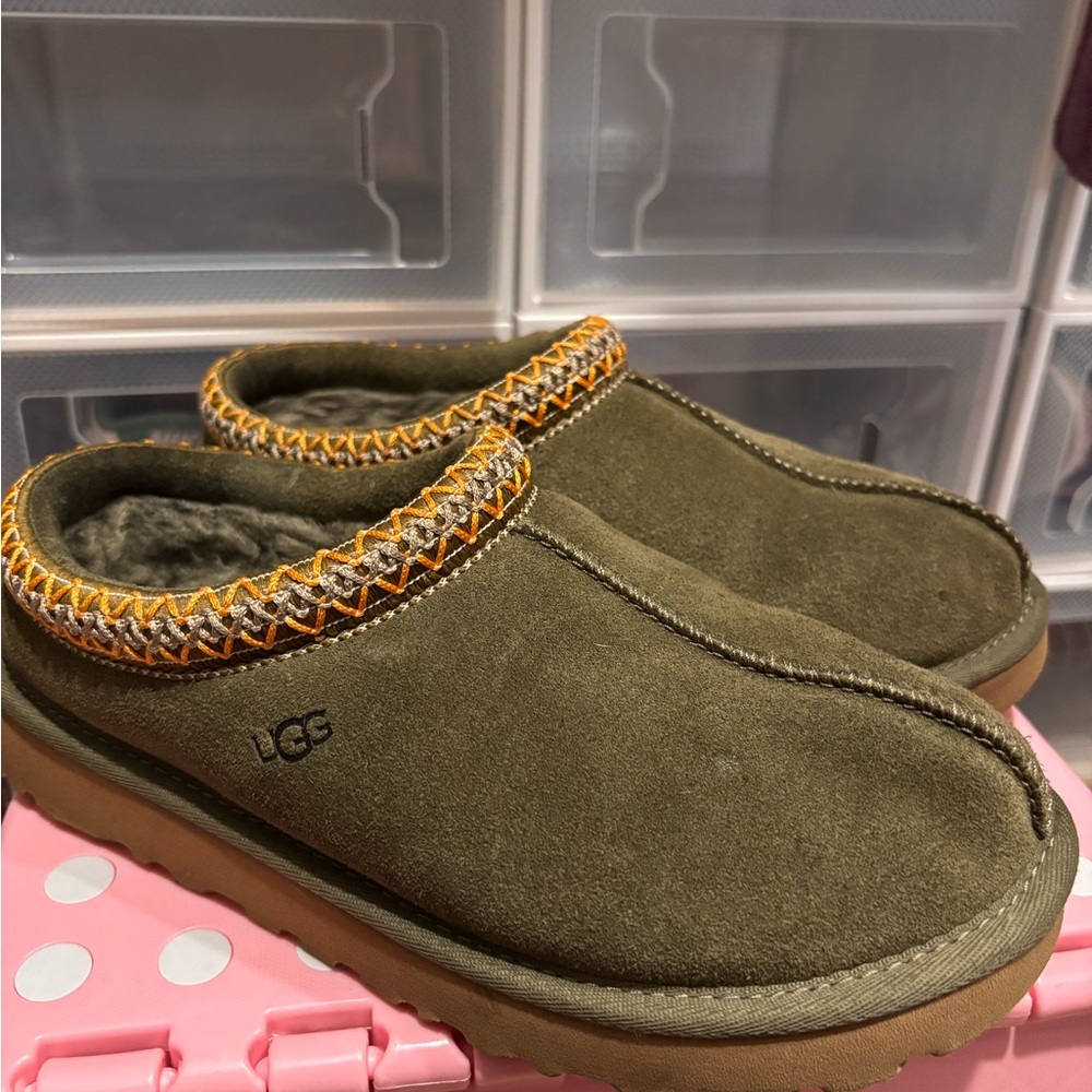 UGG Olive Green Suede Slip-On Shearling Lined Clogs with Orange Trim